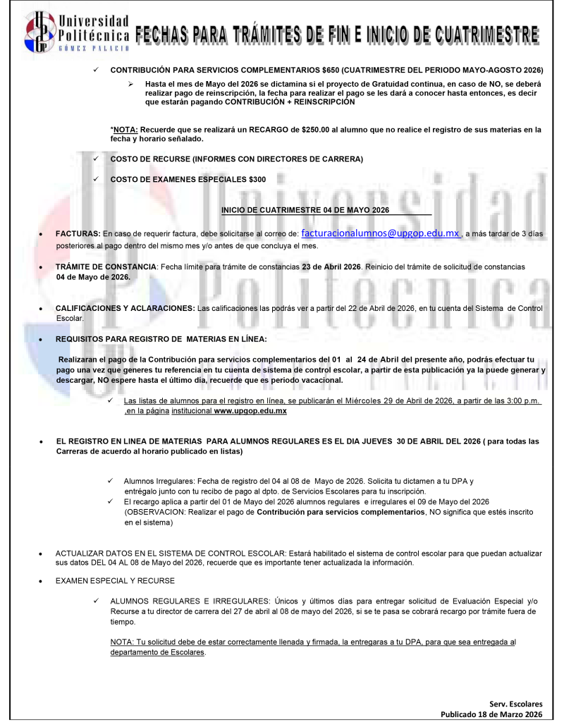 FECHAS DE FIN E INICIO DE CUATRIMESTRE 20261 202623